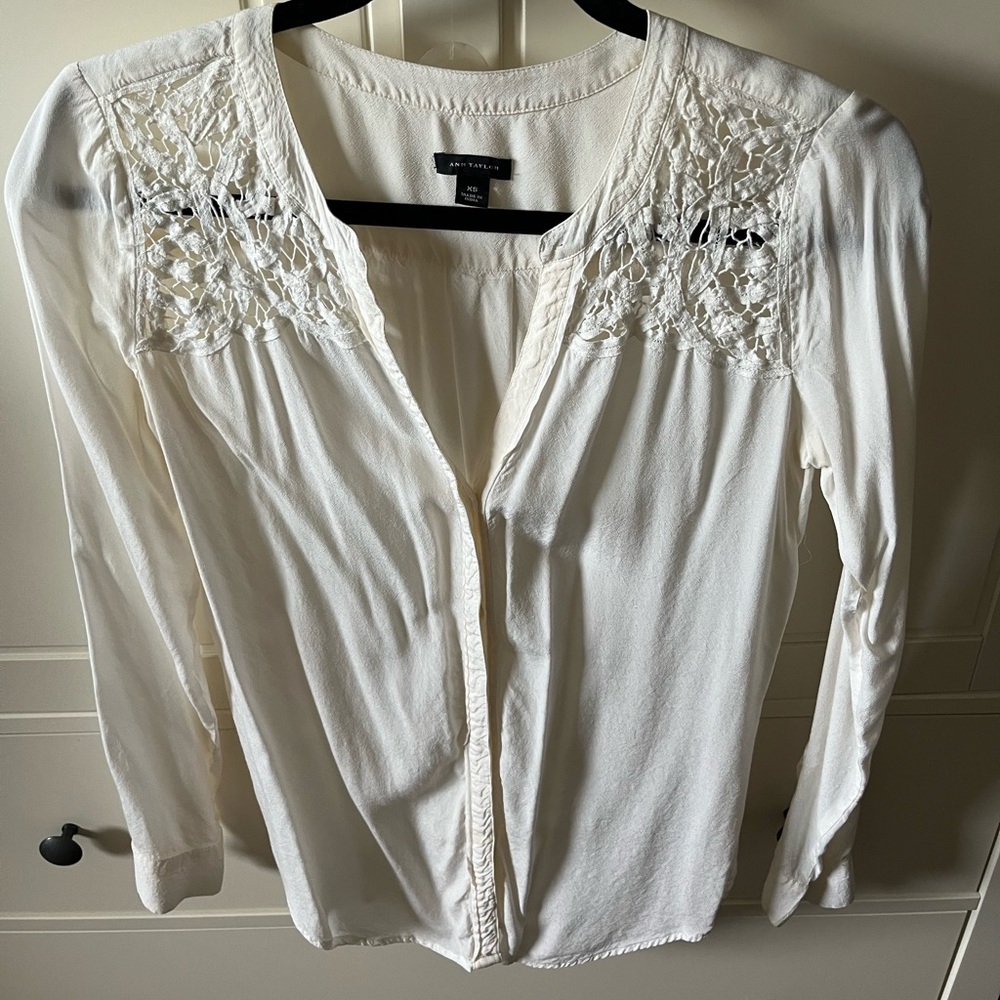 Ann Taylor White Bib Collar Embellished Blouse